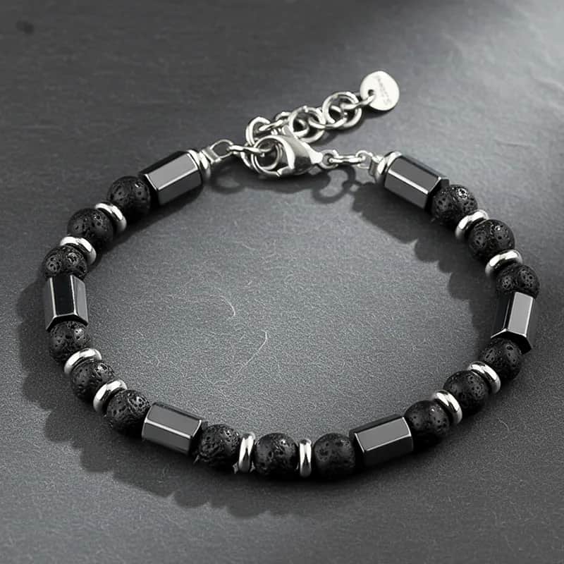 C223 Elegant Bracelet – Black Lava Stone & Hematite Beaded