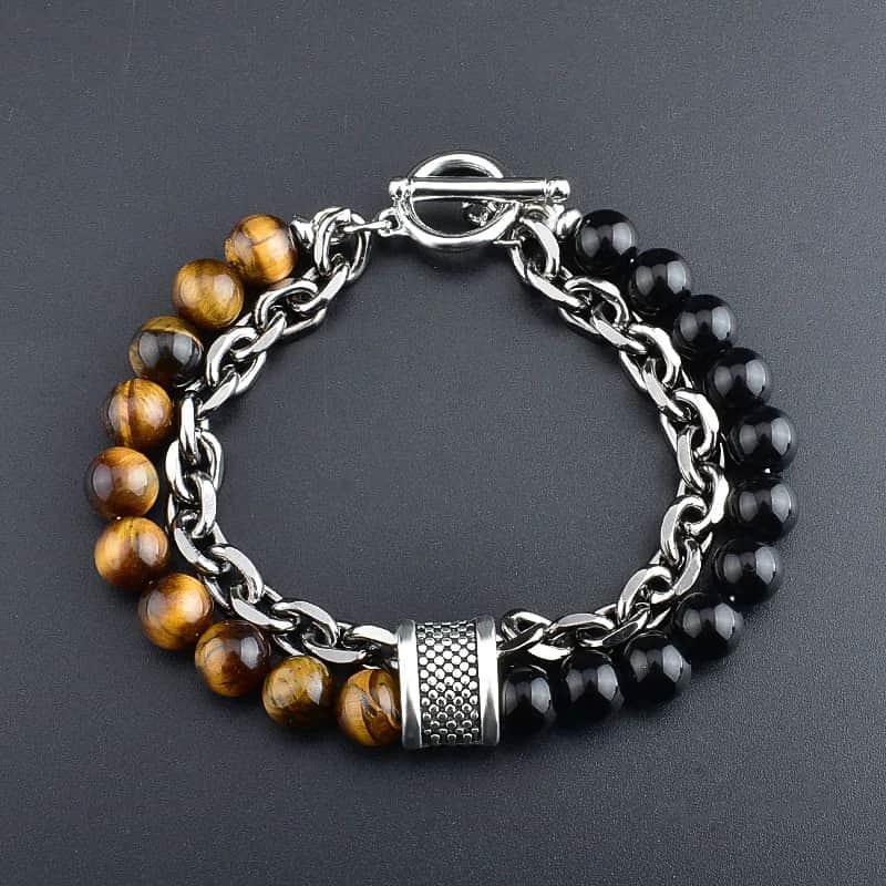 C219 Stylish Bracelet with Natural Tiger Eye & Black Onyx Beads