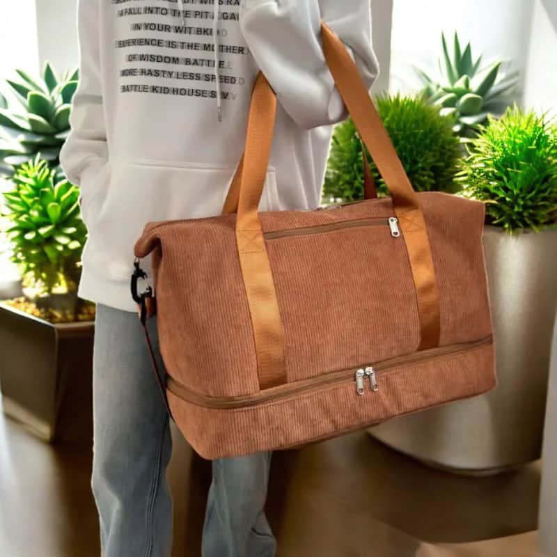 B1038 Versatile Corduroy Cotton Fabric Duffle Bag with Shoe Compartment