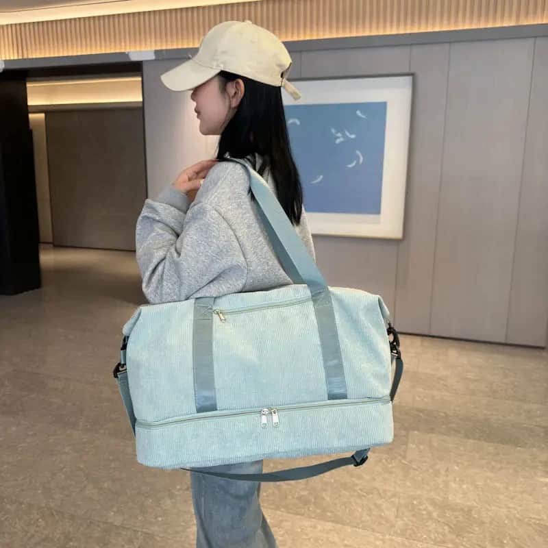 B1037 Versatile Corduroy Cotton Fabric Duffle Bag with Shoe Compartment