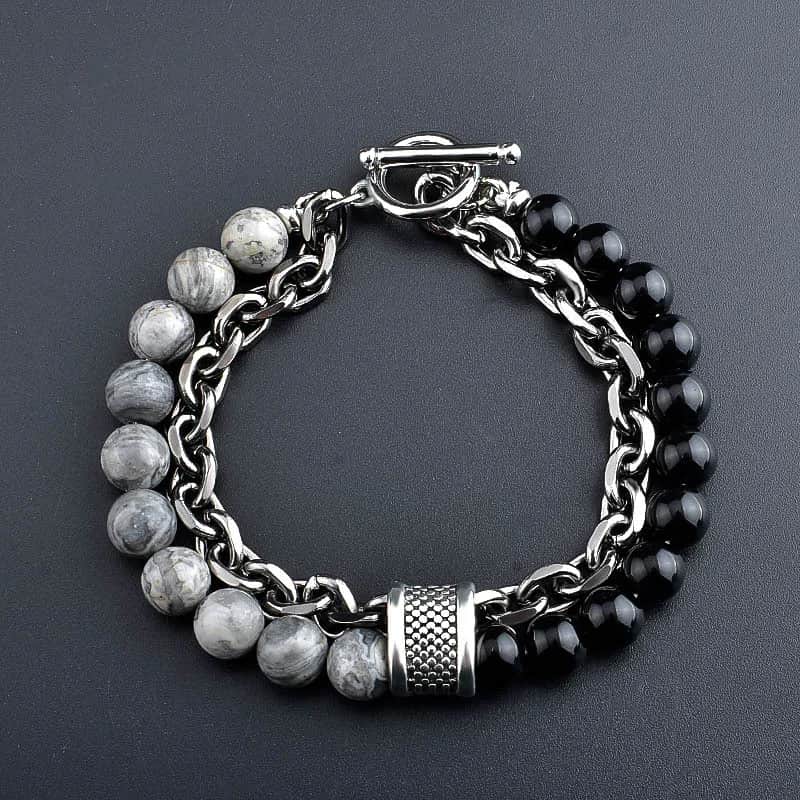 C220 Stylish Bracelet with Natural Gray Jasper and Black Beads