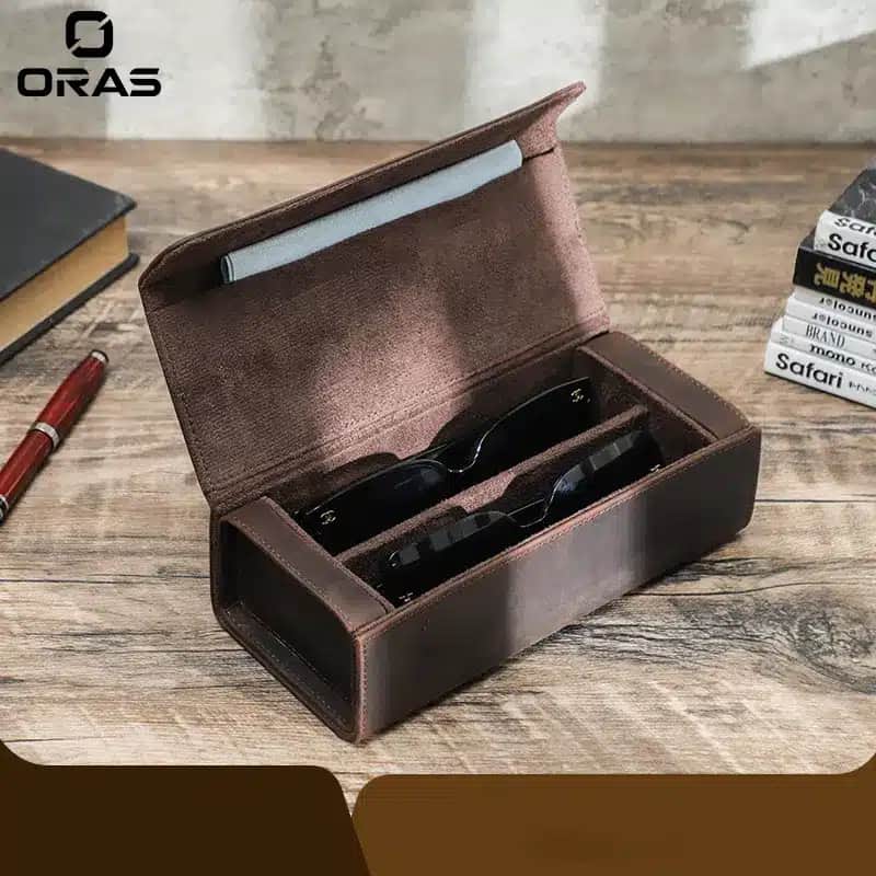 R1058 ORAS Genuine Leather Handmade 2Pcs Glasses Storage Box