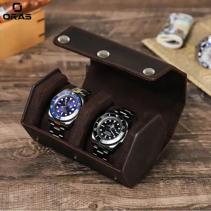 R1070 ORAS Genuine Leather 2 Slots Watch Storage Case